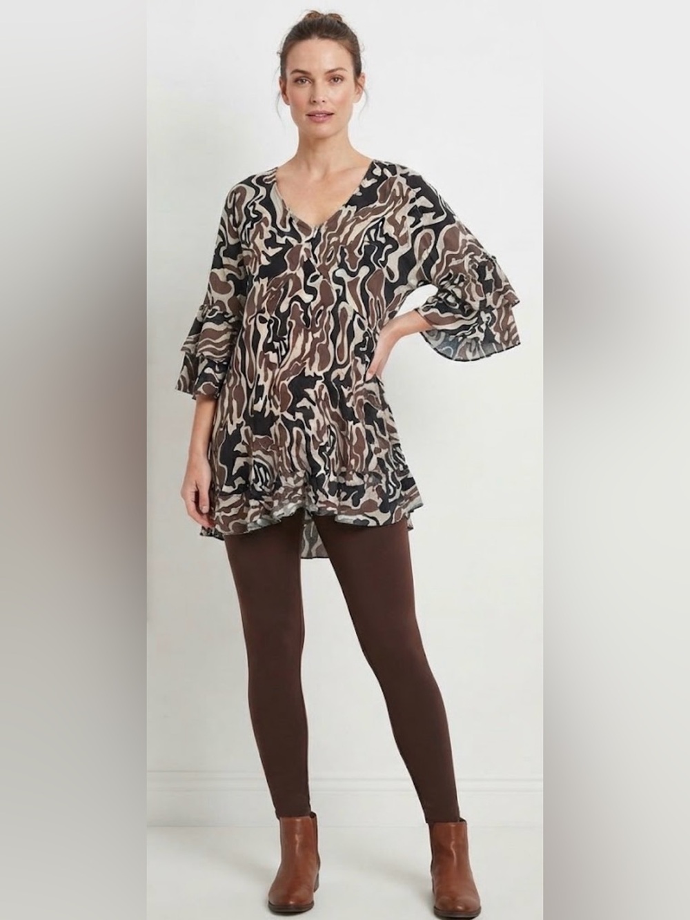 Avenue Brown Black Cream Abstract Ruffle Tunic Mini dress Fall Fashion